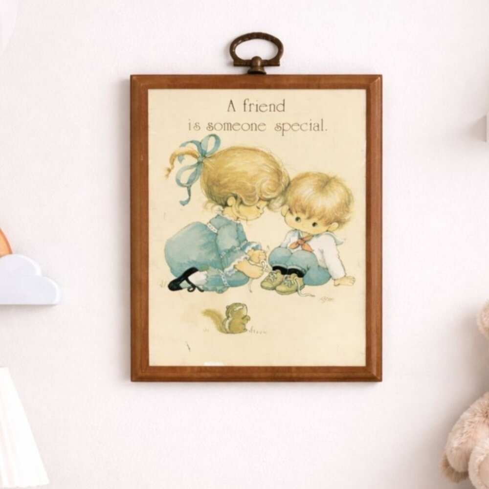 Vintage Rust Craft Wood Framed Wall Art "A Friend Is Someone Special" 1970s Illu